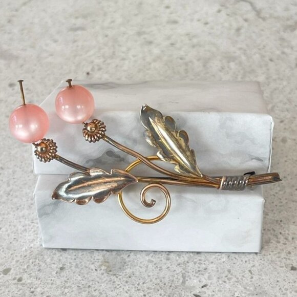 Van Dell Jewelry - Van Dell 12K Gold Filled Sterling Flower Brooch Pink Moonstone Glass